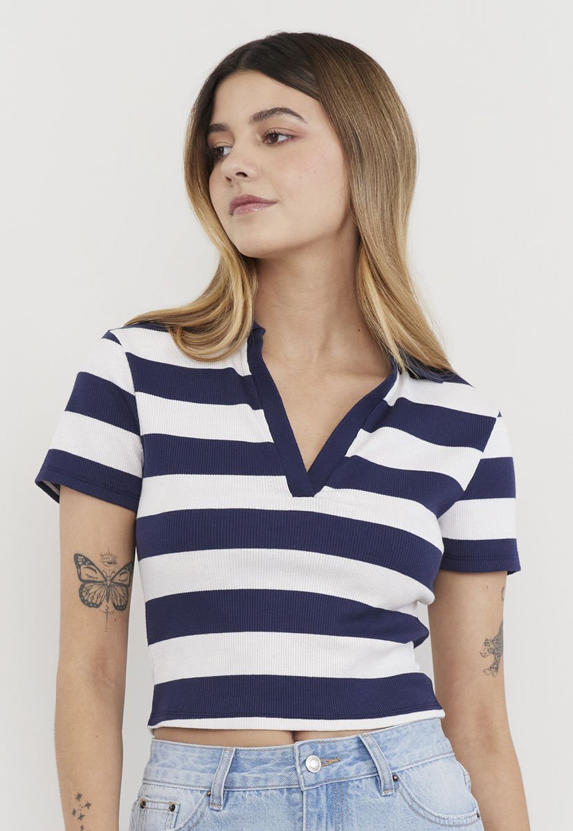 Polera Mujer Cuello Polo Navy Color Block Corona Compra Ahora