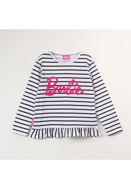 Polera Manga Larga Niña Rayas Blanco Barbie