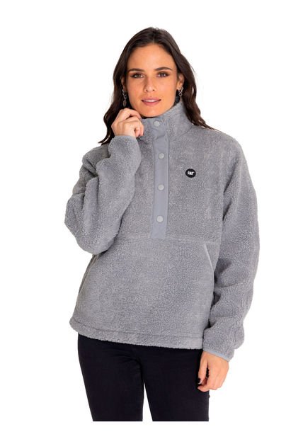 Polar Mujer Sherpa Fleece Snap Front Pullover Gris CAT