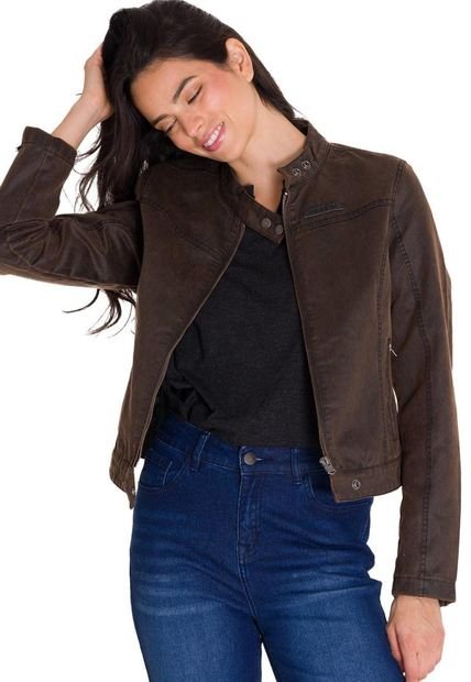 Chaqueta Casual Waxed Moto Mujer Café Oscura CAT