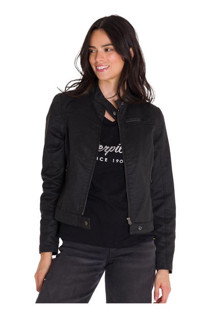 Chaqueta Casual Waxed Moto Mujer Negra CAT