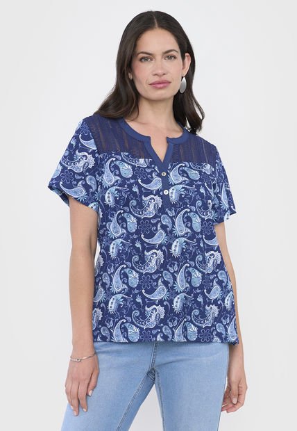 Polera Mujer Aplicación Macramé Flores Navy Corona