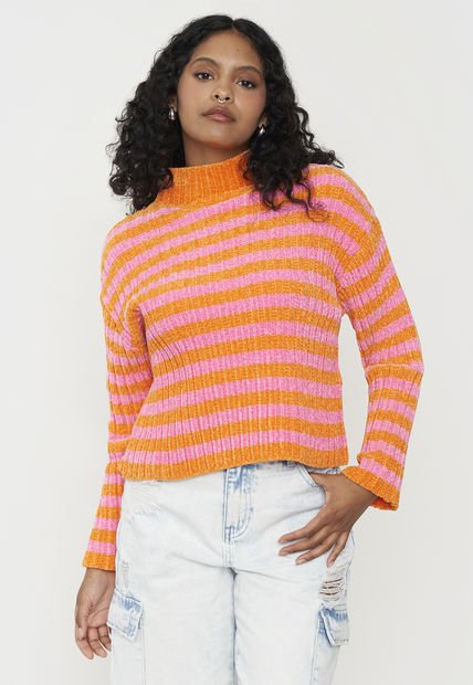 Sweater Mujer Chenille Rib Rosado Rayas Corona