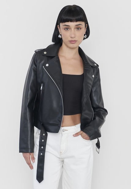 Chaqueta Mujer Biker Ecocuero Negro Corona