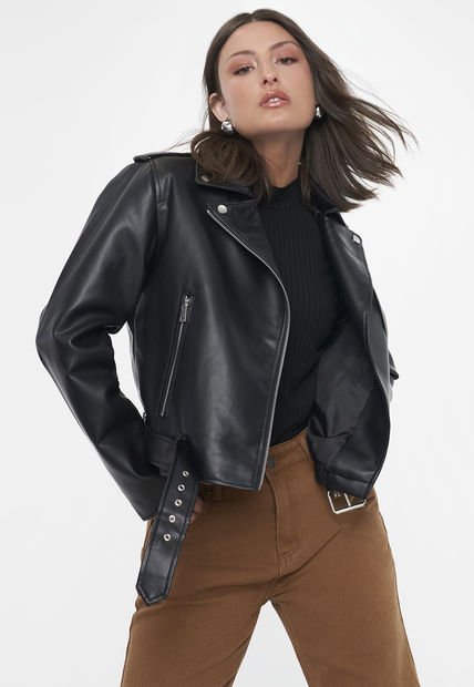 Chaqueta Mujer Biker Ecocuero Negro Corona