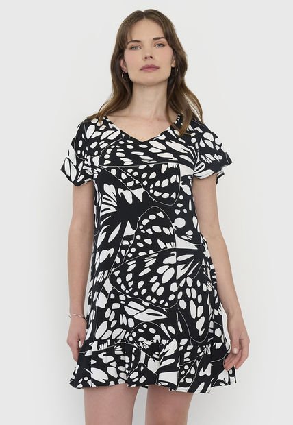 Vestido Mujer Cuello V Print Manchas Negro Corona