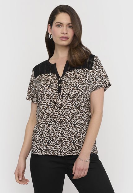 Polera Mujer Macramé Beige Animal Print Corona