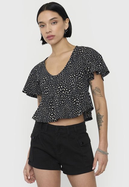 Blusa Mujer Manga Corta Recogido Negro Animal Corona