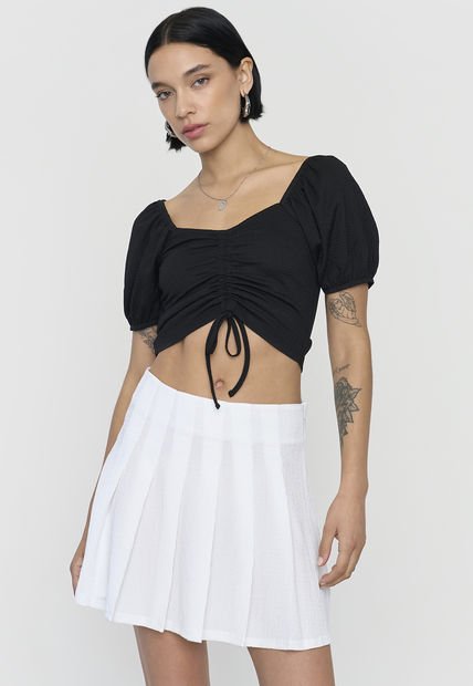 Blusa Mujer Crop Panal Manga Globo Negro Corona