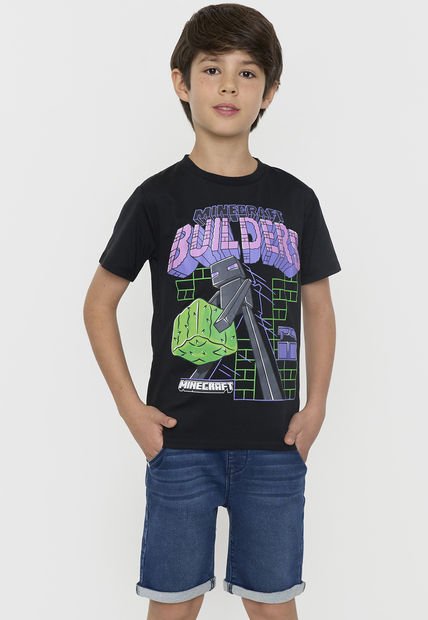 Polera Niño Kids Manga Corta Minecraft Negro Corona