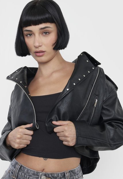 Chaqueta Mujer Biker Ecocuero Tachas Negro Corona