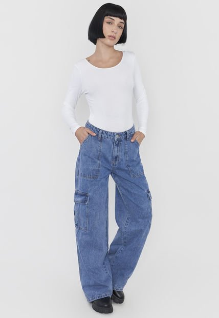 Jeans Mujer Cargo Straight Fit Azul Medio Corona