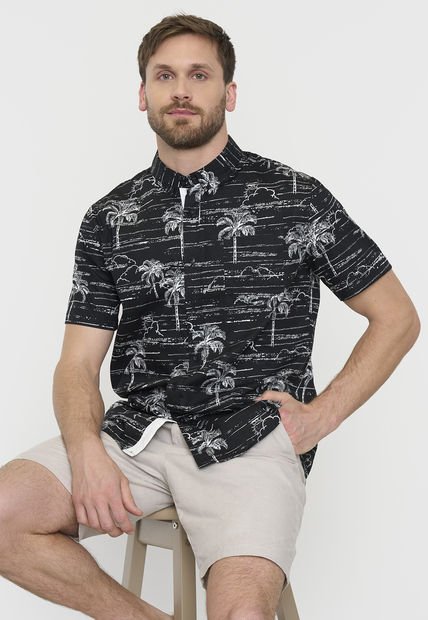 Camisa Hombre Mid Print Manga Corta Negro Corona