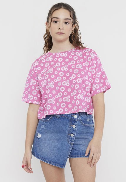 Polera Niña Teen Crop Full Print Rosado Corona