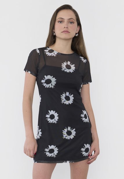 Vestido Mujer Malla  Flores Negro Corona