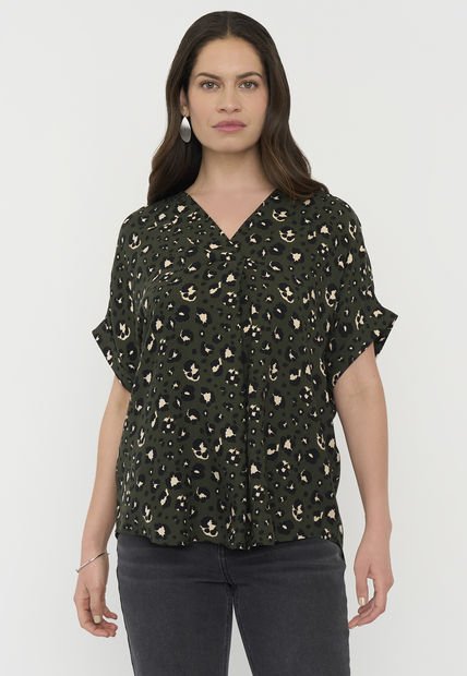 Blusa Mujer M/C Verde Animal Print Cuello V Corona