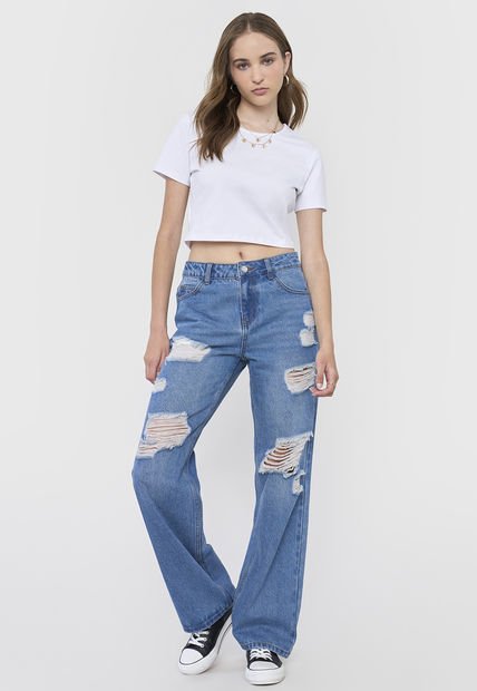 Jeans Mujer Straight Fit Full Roturas Azul Medio Corona