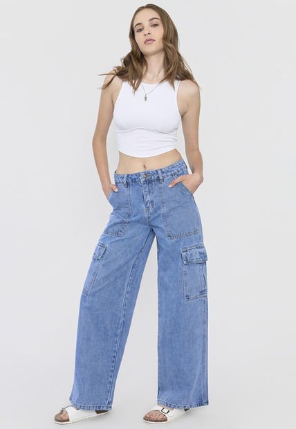 Jeans Mujer Straight Fit Cargo Azul Medio Corona