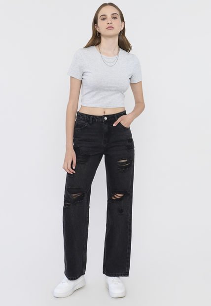 Jeans Mujer Straight Fit Full Roturas Negro Corona