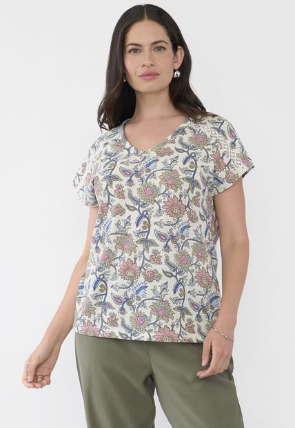 Polera Mujer Macramé Hombros Print Ecru Corona