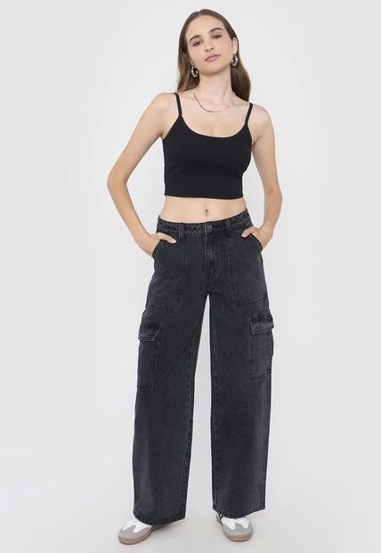 Jeans Mujer Cargo Straight Fit Color Negro Corona