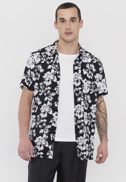 Guayabera Hombre Night Print Flores Negro Corona