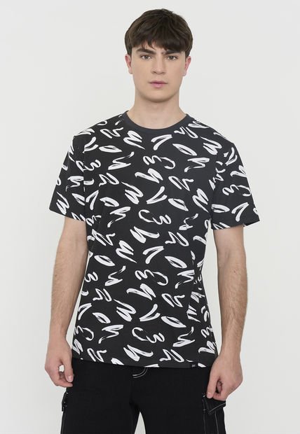 Polera Hombre Full Print Negro Corona