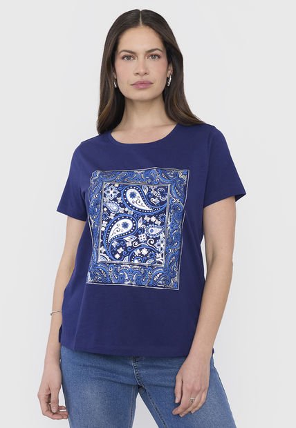 Polera Mujer Manga Corta Focal Print Azul Corona