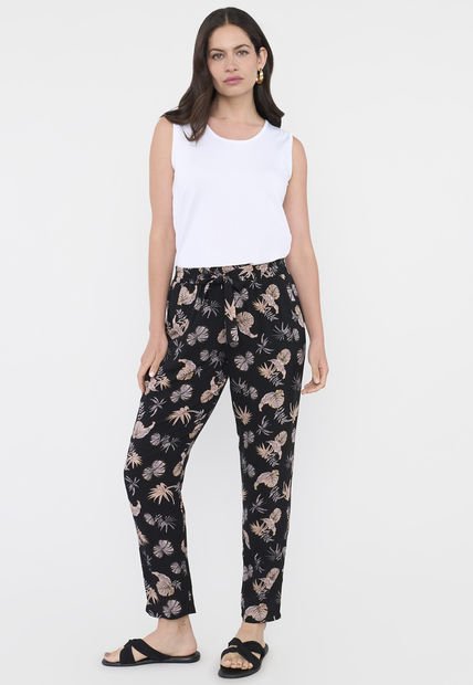 Pantalón Mujer Lazo Print Hojas Negro Corona