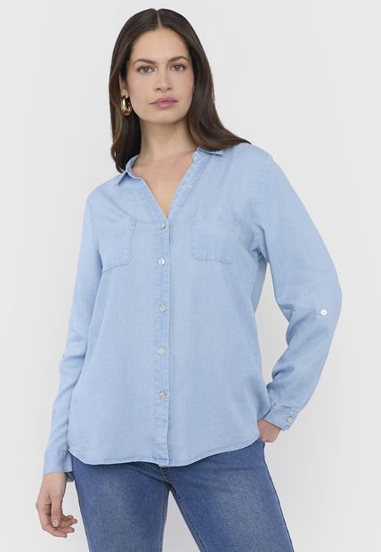 Blusa Mujer Camisera Tencel Azul Claro Corona