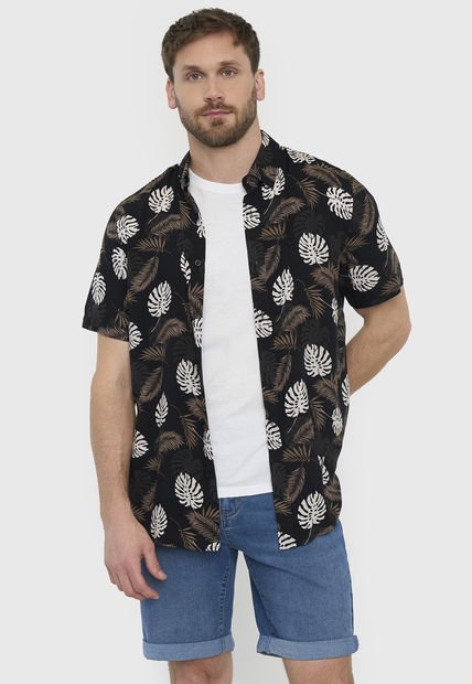 Guayabera Hombre Hojas Negro Corona