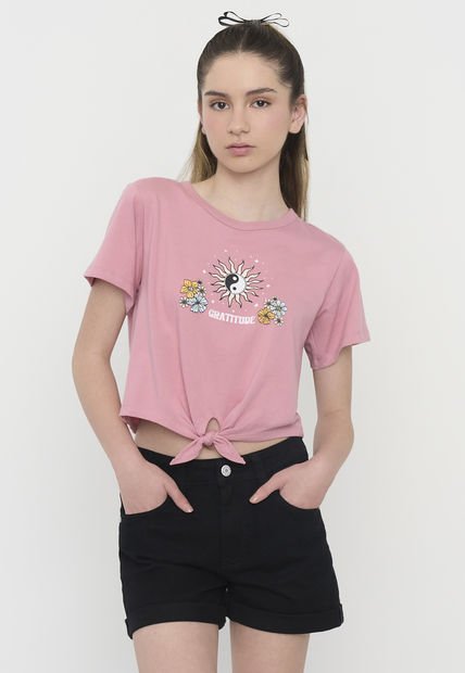 Polera Niña Teen Manga Corta Fun Nudo Rosado Corona