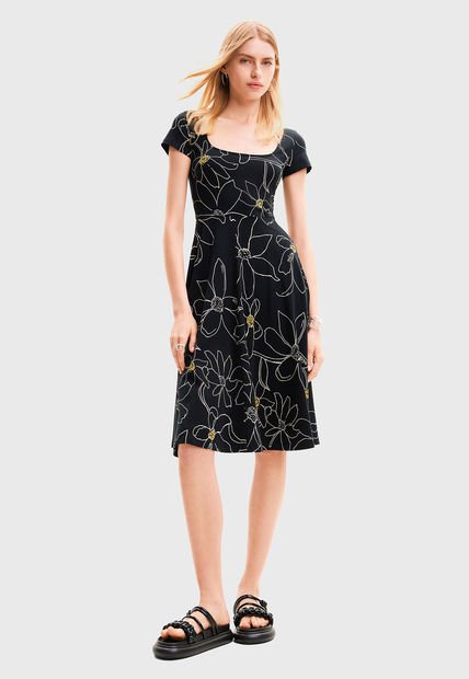 Vestido Desigual Corto Punto Flores Negro - Calce Regular