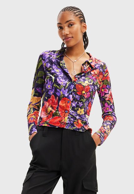 Blusa Desigual Devoré Flores Multicolor - Calce Ajustado