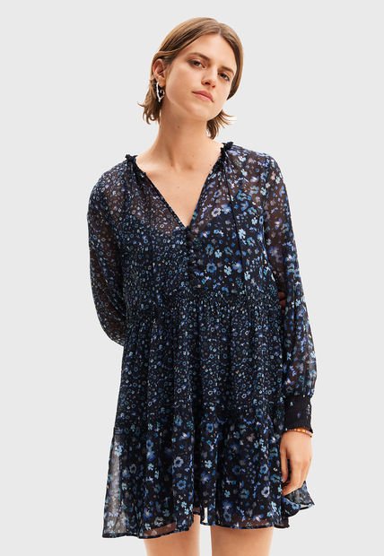 Vestido Desigual Gasa Flores Multicolor - Calce Regular