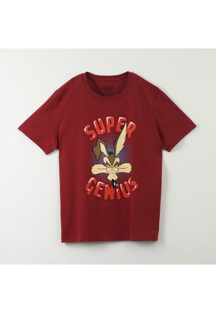 Polera Manga Corta Hombre Super Genius Burdeo Looney Tunes