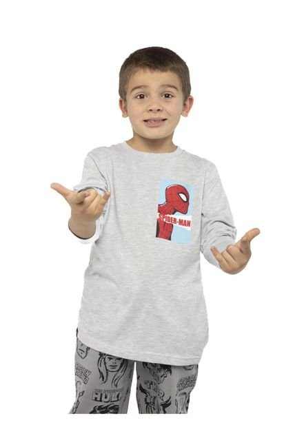 Polera Manga Larga Niño Caras Spiderman Gris Marvel