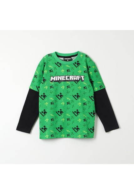 Polera Manga Larga Niño Creepers Faces Verde Minecraft