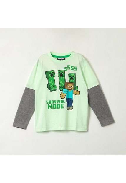 Polera Manga Larga Niño Survival Mode Verde Minecraft