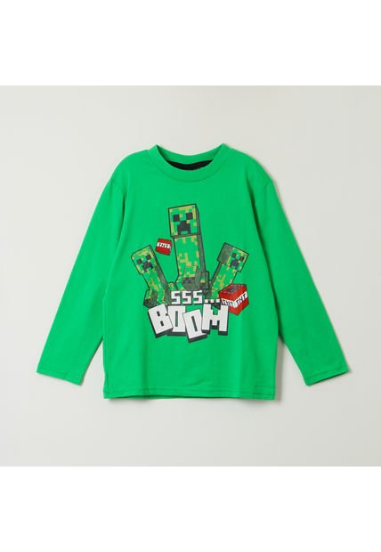 Polera Manga Larga Niño Boom Sss Verde Minecraft