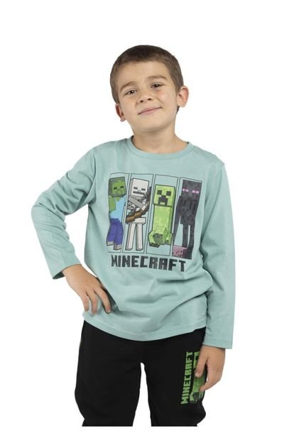 Polera Manga Larga Niño Logo Personajes Verde Minecraft