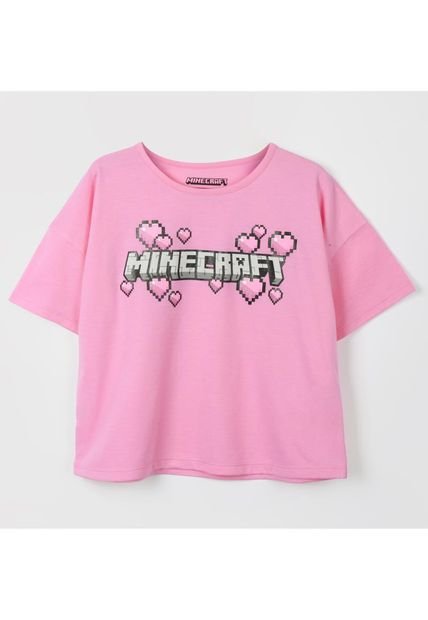 Polera Manga Corta Niña Corazones Rosado Minecraft