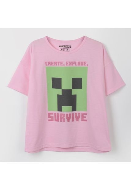 Polera Manga Larga Niña Creeper Rosado Minecraft