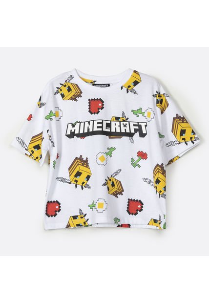 Polera Manga Corta Niña Full Print Blanco Minecraft