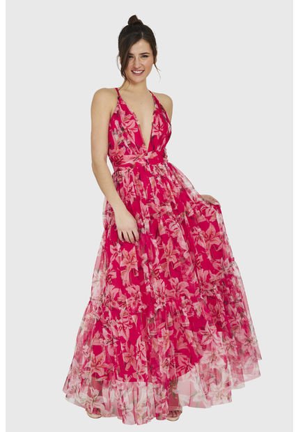 Maxi Vestido Corte Imperio Floral Fucsia Nicopoly