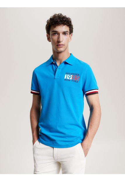 Polo Ribeteado Con Logo De Corte Slim Celeste Tommy Hilfiger