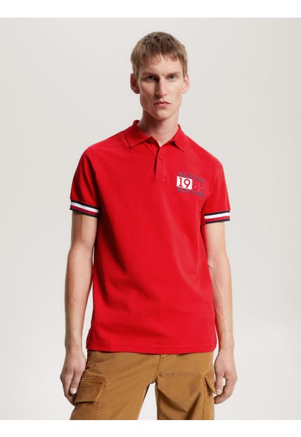 Polo Ribeteado De Corte Slim Con Logo Rojo Tommy Hilfiger