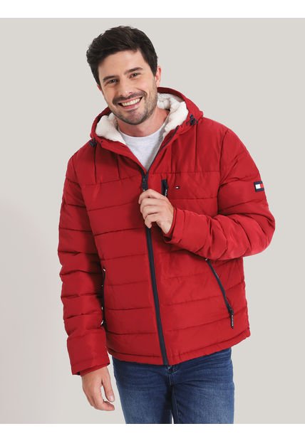 Parka Hoodie Quilted Con Logo Rojo Tommy Hilfiger